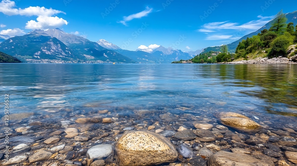 Poster serene and picturesque lakeside view with clear waters and mountain scenery in the background : gene
