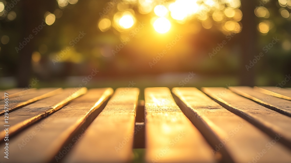 Poster beautiful wooden table captured in a sunset glow in a garden setting : generative ai