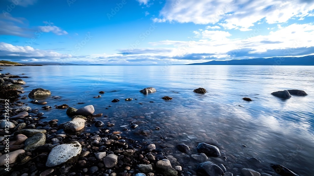 Aufkleber scenic view of calm blue lake with smooth water reflecting clouds and rocks at the shore during a su