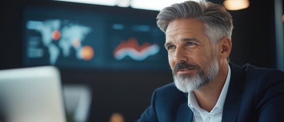 A thoughtful businessman with a beard sits in an office, engaged in conversation, with data visualizations displayed behind him.
