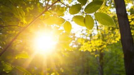 Obraz premium Beautiful Sunlight Filtering Through Green Leaves in a Lush Forest Setting : Generative AI