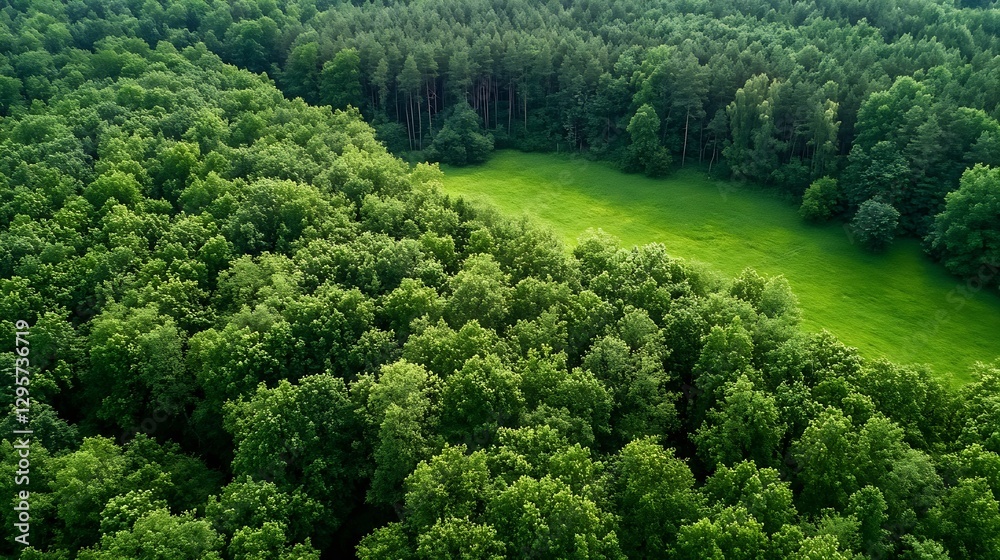Poster aerial view of lush forest and vibrant green meadow amidst dense trees and nature : generative ai