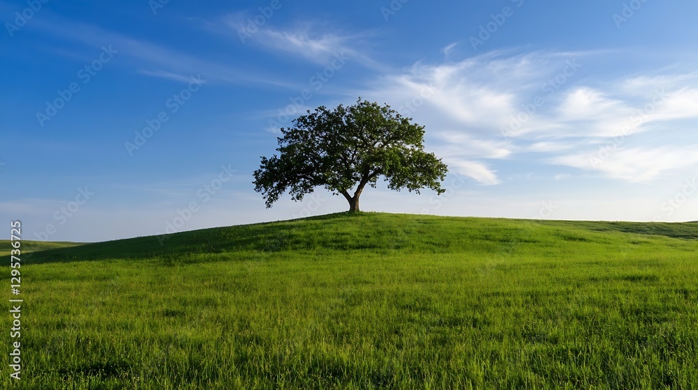 Poster lone tree on rolling green hill beneath a clear blue sky in tranquil landscape setting : generative 