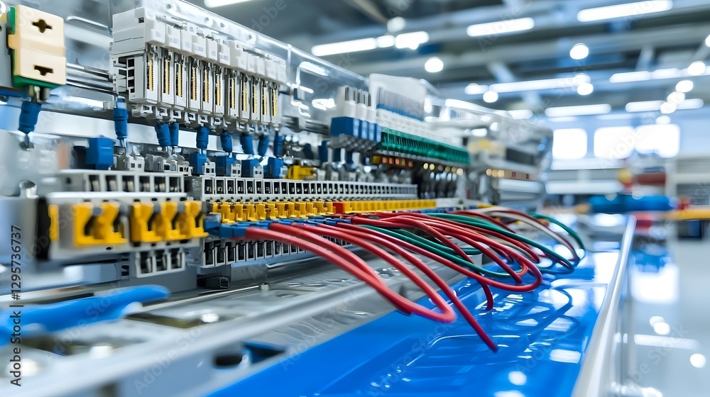 Fototapete Close up view of a terminal block a critical component in electrical systems with multiple colored wires connected