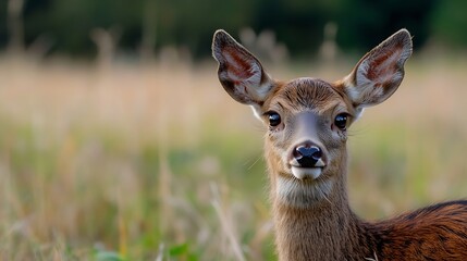 Fototapeta premium Close Up of a Young Deer with Big Ears Looking Directly at the Camera : Generative AI