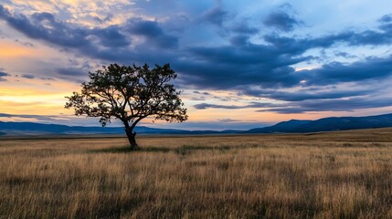 Lone Tree Standing in a Golden Meadow Against a Dramatic Sunset Sky : Generative AI