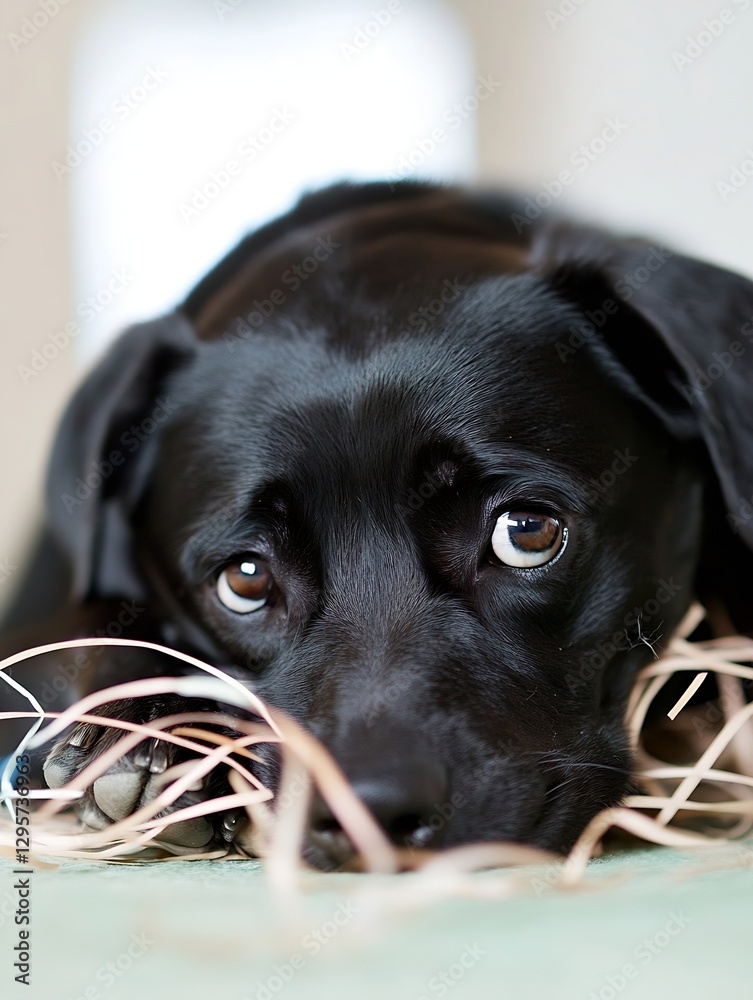 Aufkleber Gentle Black Dog with Soft Eyes Resting Comfortably on a Carpeted Surface : Generative AI