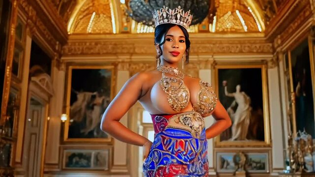 Sexy queen with very big breast walking and dancing in the palace