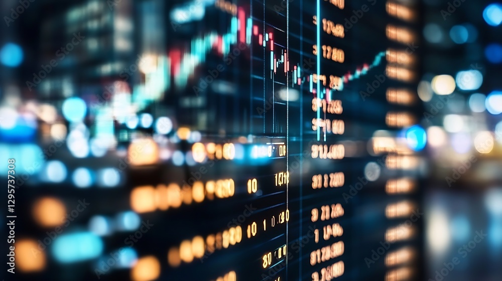 Poster Dynamic stock market data visualization showcasing fluctuating graphs and numbers in a digital interface : Generative AI