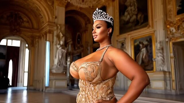 Sexy woman with large breast, looking and dressed as a queen with the crown on head  walking in palace