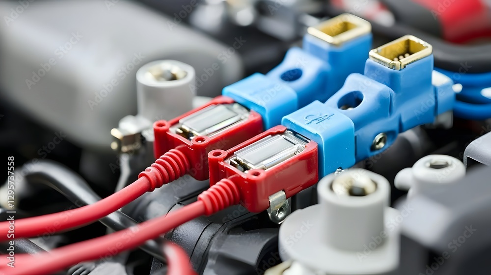 Poster Close up view of an inline fuse holder being connected to automotive wiring showing the electrical components and details involved in maintaining and repairing a vehicle s electrical system