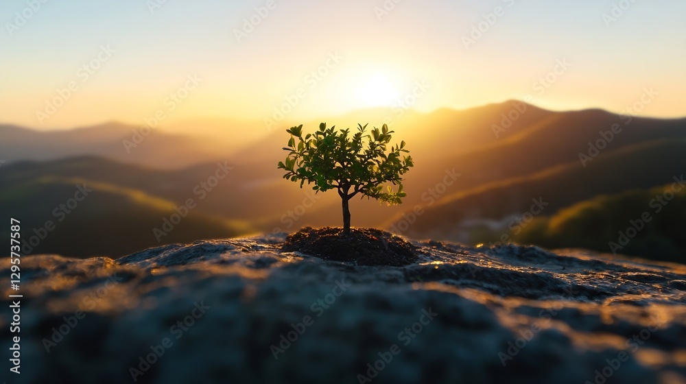 Aufkleber Breathtaking view of a tiny tree growing on a rock at sunrise with mountains in the background : Generative AI