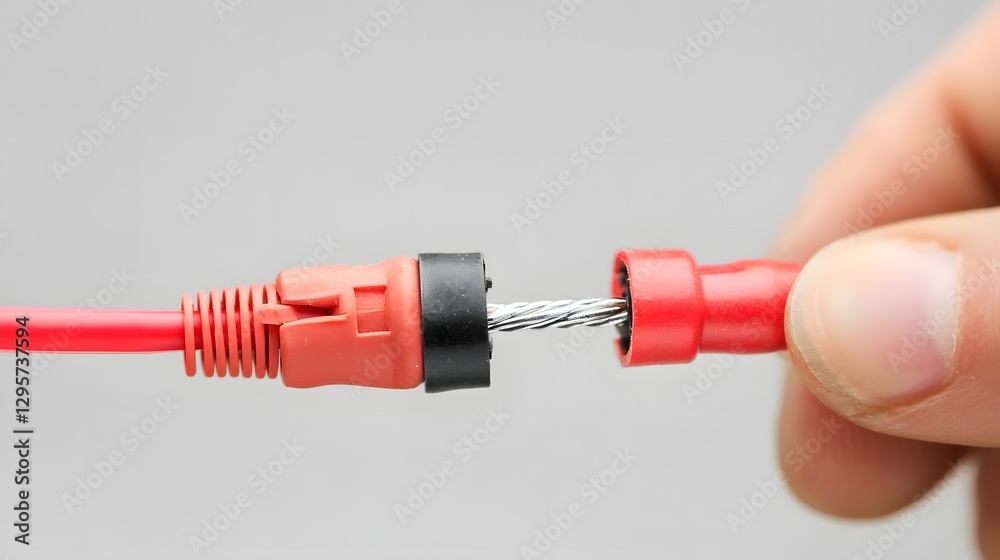 Poster close up view of an insulated spade terminal being crimped onto an electrical wire by the hands of a