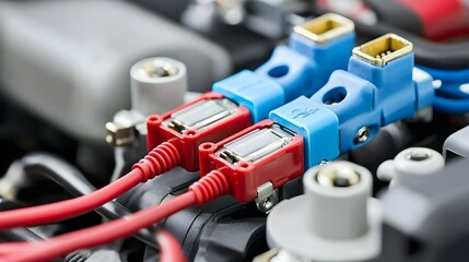 Fototapeta premium Close up view of an inline fuse holder being connected to automotive wiring showing the electrical components and details involved in maintaining and repairing a vehicle s electrical system