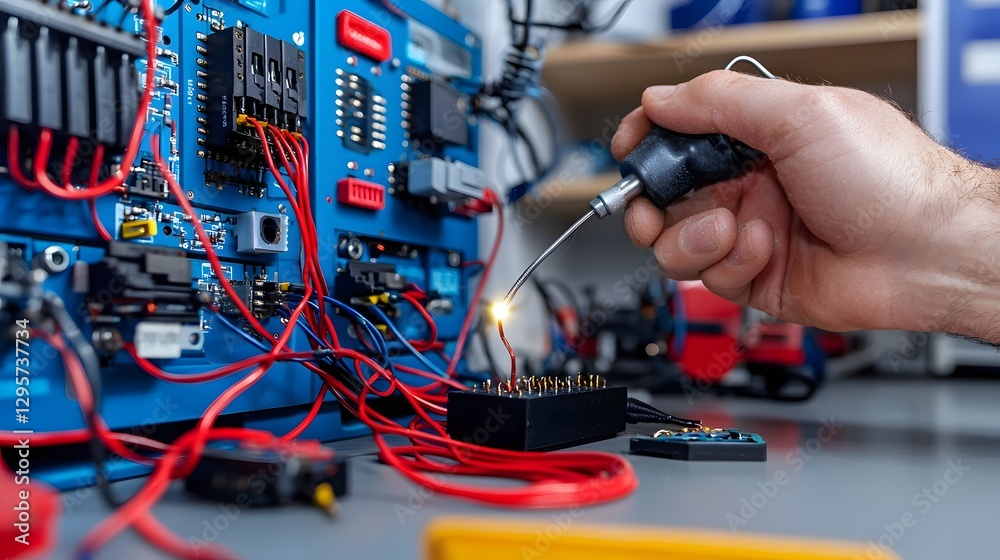 Poster Close up view of applying flux on an electronic circuit board before soldering to improve the and reliability of wire connections in the process of electronics repair maintenance and manufacturing
