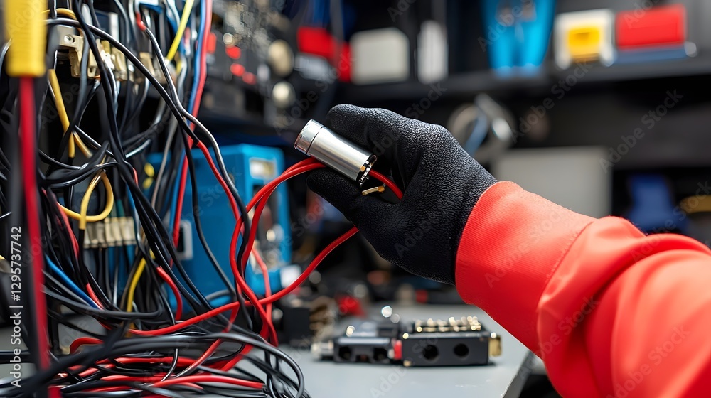 Poster close up view of an insulated spade terminal being crimped onto an electrical wire using a specializ