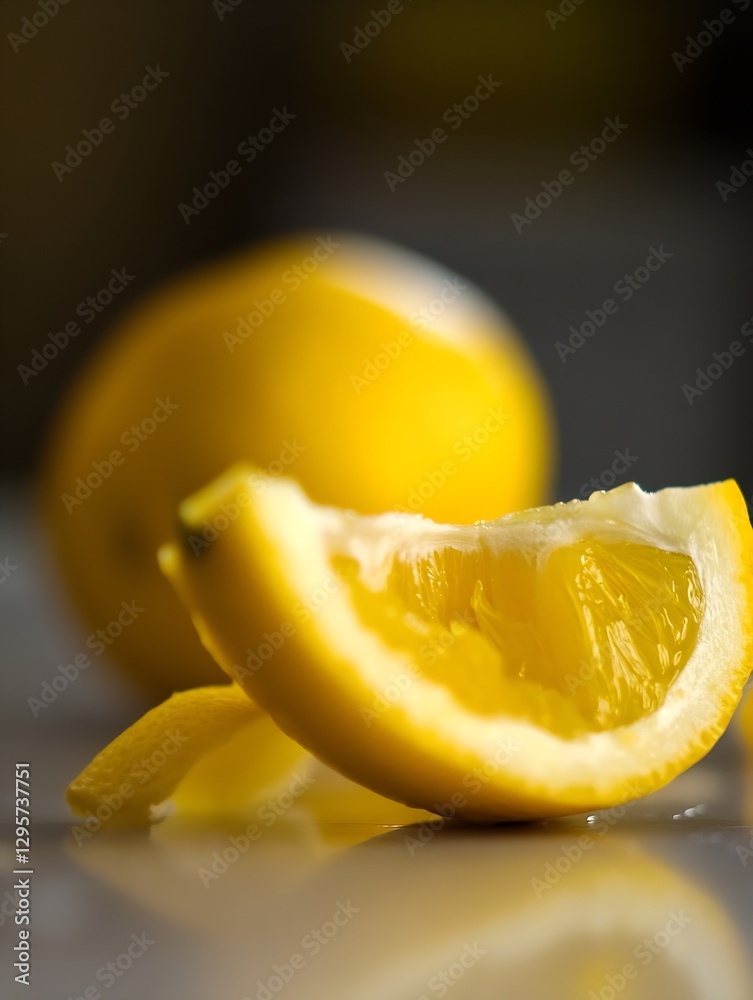 Poster freshly cut lemon slice glistening with droplets showcasing vibrant yellow color on a reflective sur