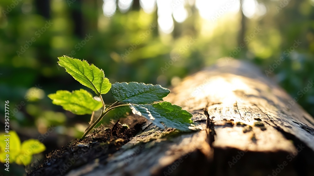 Poster fresh green leaves sprouting from a log illuminated by soft sunlight in a serene forest environment 