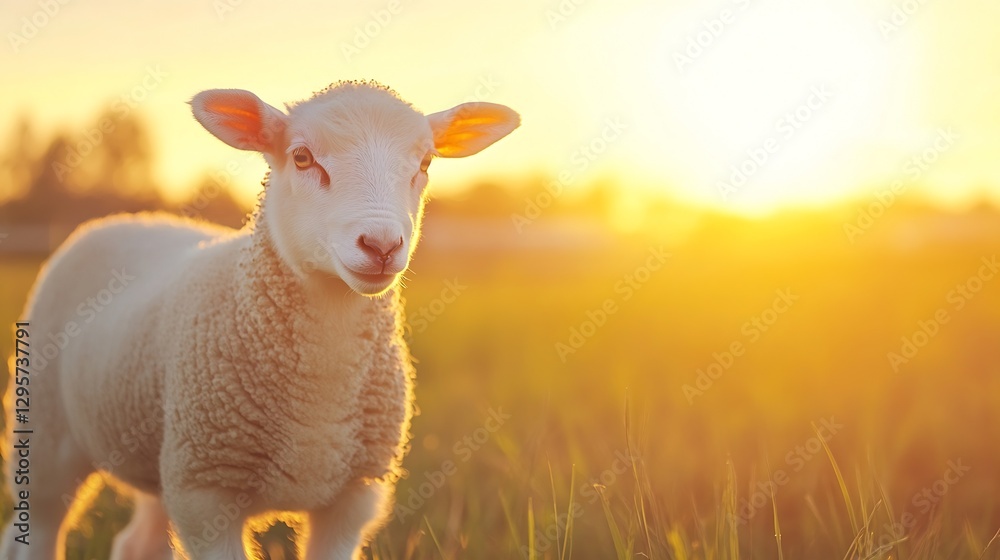 Poster Adorable sheep standing in a sunlit field during golden hour with a warm glow highlighting its fluffy wool : Generative AI