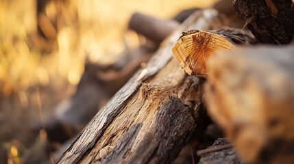 Fototapeta premium Close Up of Log Pile in Natural Sunlight Showcasing Textured Wood : Generative AI