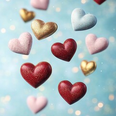 Obraz premium Colorful hearts falling against bokeh background