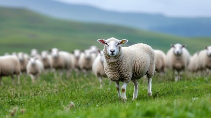 Naklejka premium Curious sheep stands in lush green field with flock of sheep grazing in the background on a calm day : Generative AI