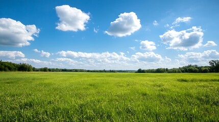 Expansive Green Meadow Under a Bright Blue Sky with White Fluffy Clouds : Generative AI