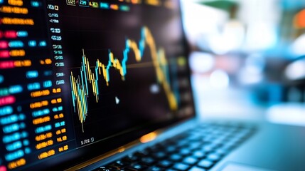 Obraz premium Stock Market Display Showing Financial Data Trends on a Laptop Screen with Vibrant Graphs : Generative AI