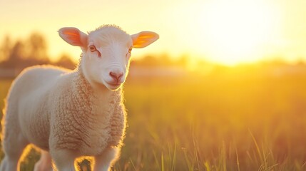 Obraz premium Adorable sheep standing in a sunlit field during golden hour with a warm glow highlighting its fluffy wool : Generative AI