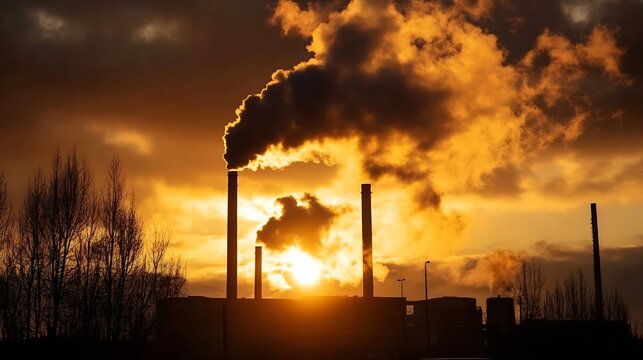 Industrial pollution with smoking chimneys silhouetted against evening sunset sky : Generative AI