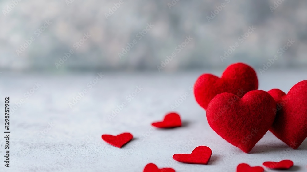 Poster close up of red felt hearts on a soft background for romance and love : generative ai