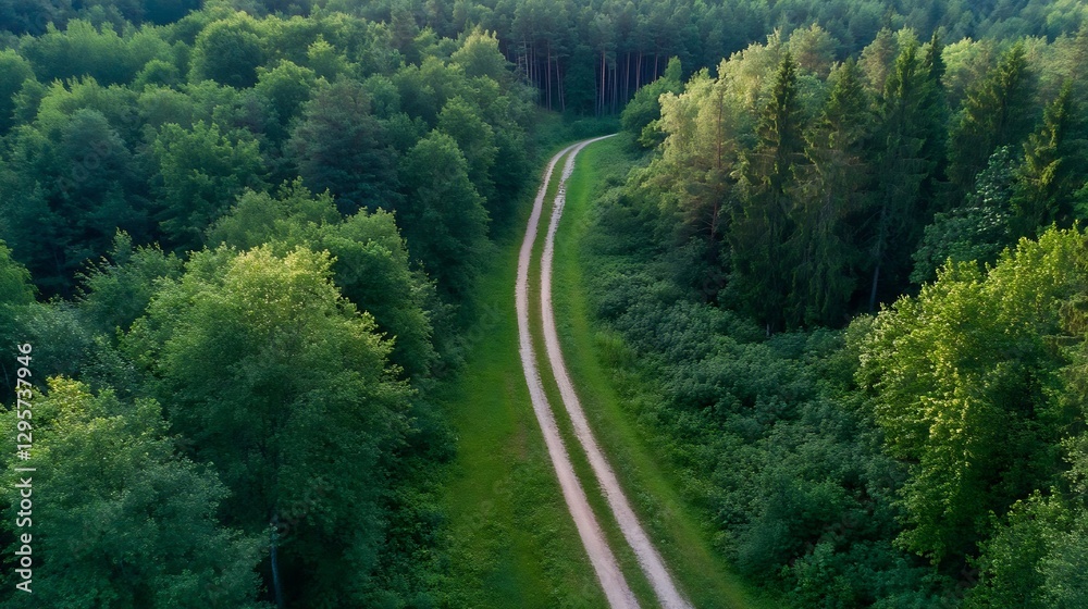 Poster aerial view of winding path through lush green forest landscape in summer : generative ai