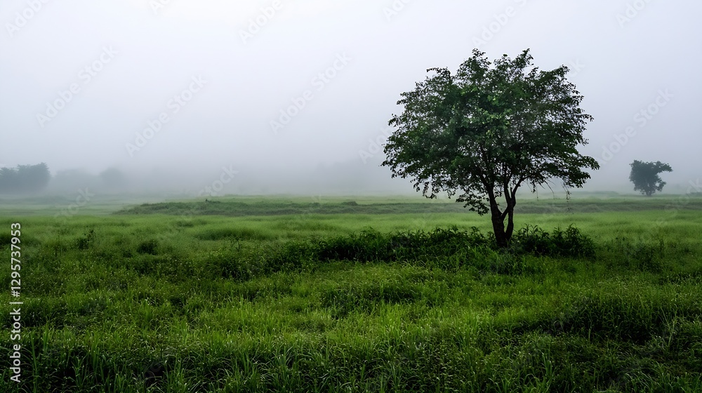 Poster misty landscape with solitary tree surrounded by lush green grass in a serene natural setting : gene