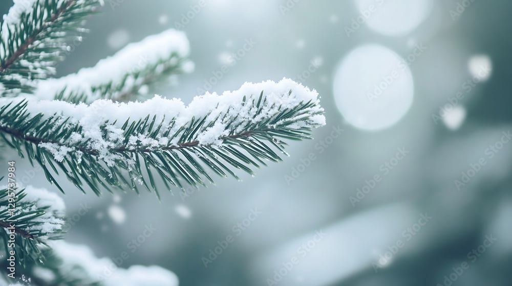 Poster Close up of a snow covered pine branch with soft bokeh background creating a tranquil winter atmosphere : Generative AI