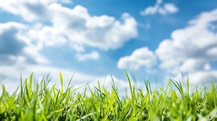 Fototapeta premium Vibrant green grass under a bright blue sky with fluffy clouds conveying feelings of freshness and tranquility : Generative AI