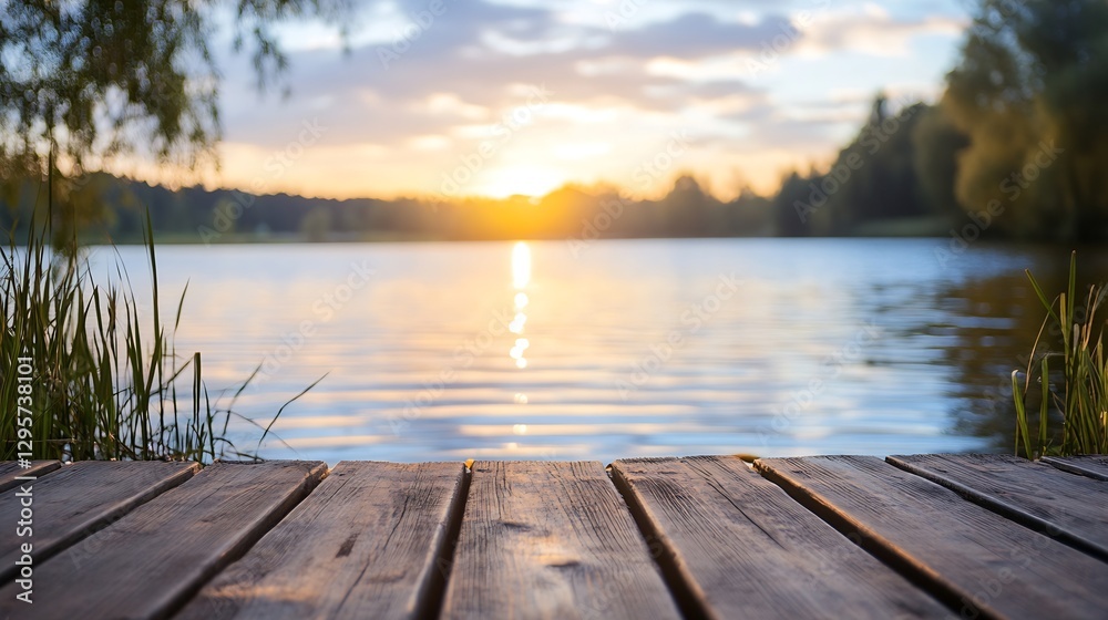 Poster serene sunset view over calm lake with reflections and wooden dock : generative ai