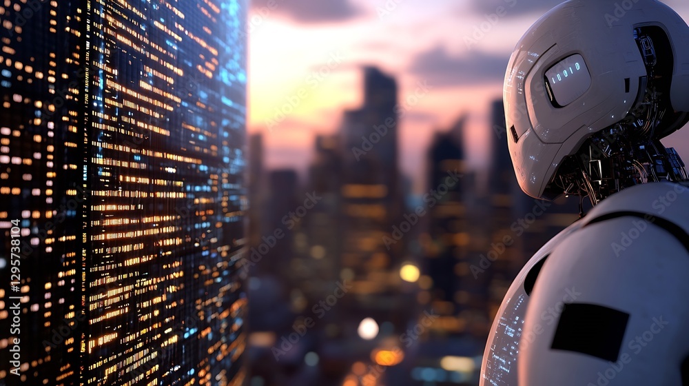 Poster futuristic robot model gazing over urban skyline at dusk : generative ai