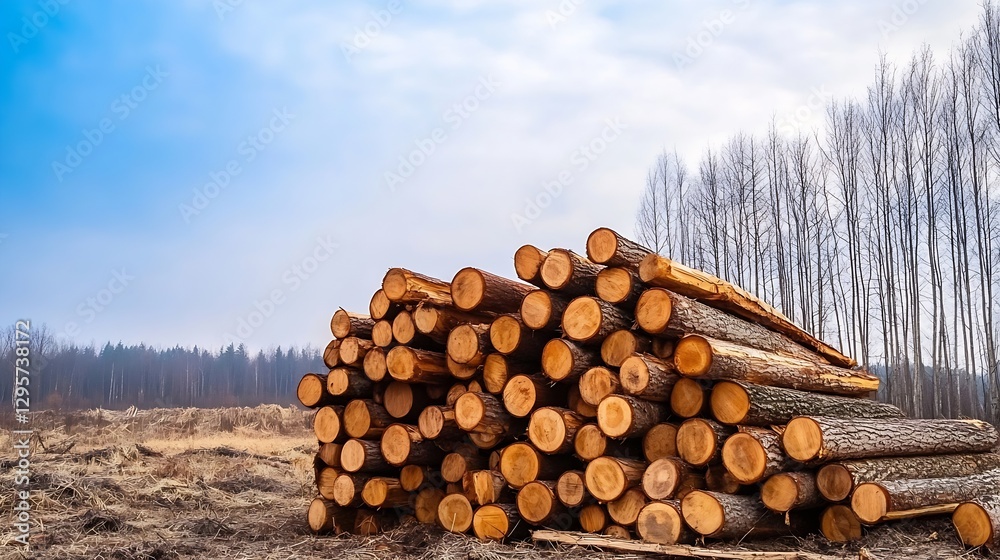 Poster Stacked logs ready for lumber with a misty forest backdrop under a cloudy sky : Generative AI