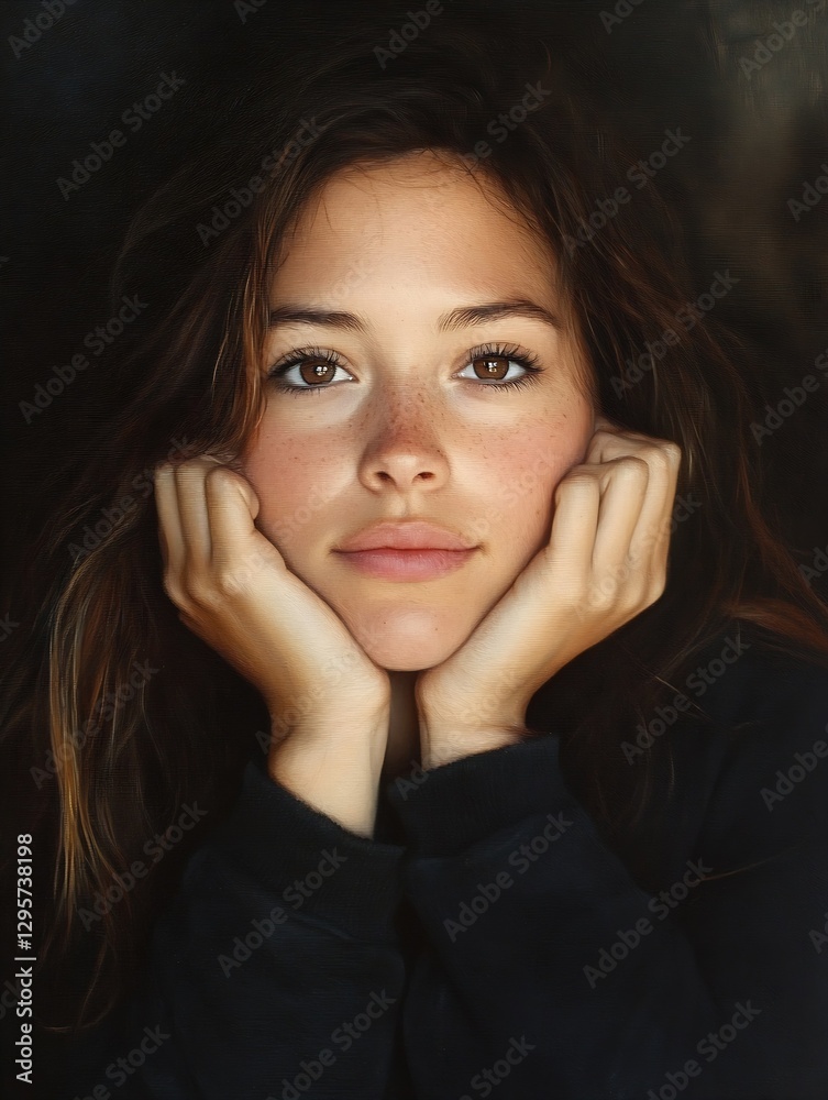 Poster beautiful closeup image of a woman resting her chin on her hands displaying calmness and serenity : 