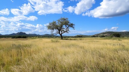 Obraz premium Isolated Tree in the Field Under a Bright Blue Sky with Fluffy White Clouds : Generative AI