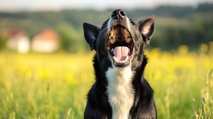 Happy dog with open mouth enjoying nature in a vibrant green field during a sunny day : Generative AI
