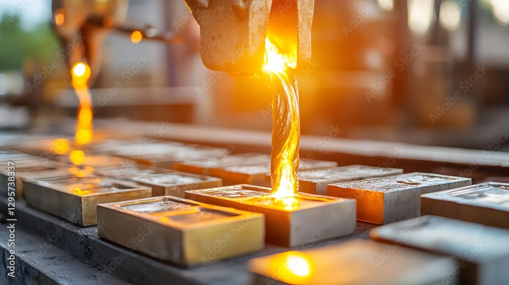 Poster close up view of molten bronze being poured into a lost wax casting mold inside a metalsmithing work