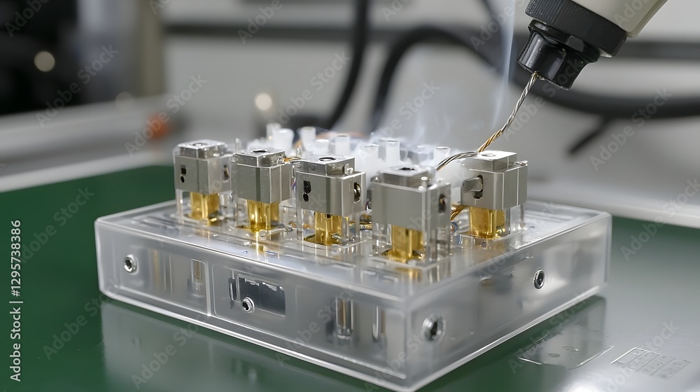 Poster Close up view of the process of applying flux onto electronic circuits and wires to improve the and performance of soldering connections during manufacturing repair
