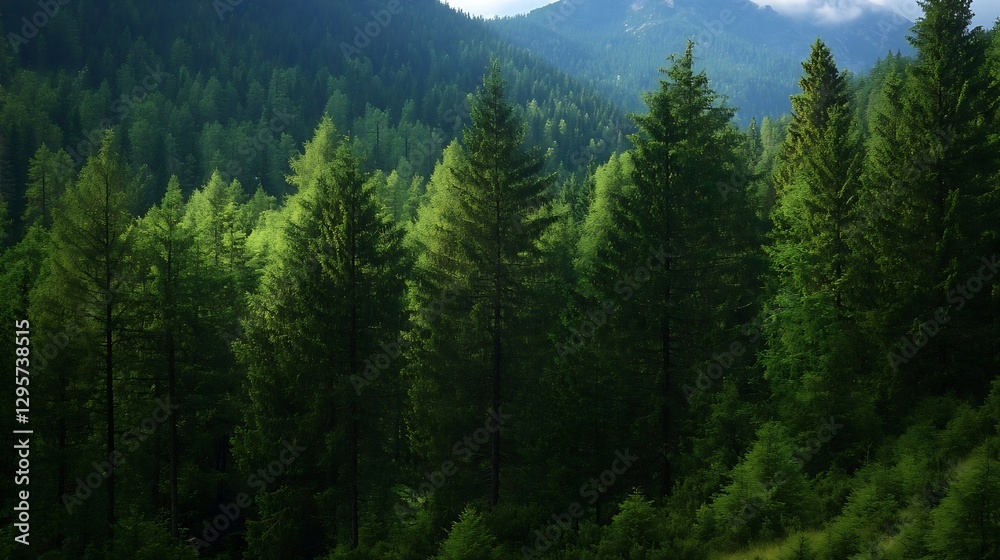 Poster Dense green forest filled with towering pine trees and sunlight filtering through the branches : Generative AI