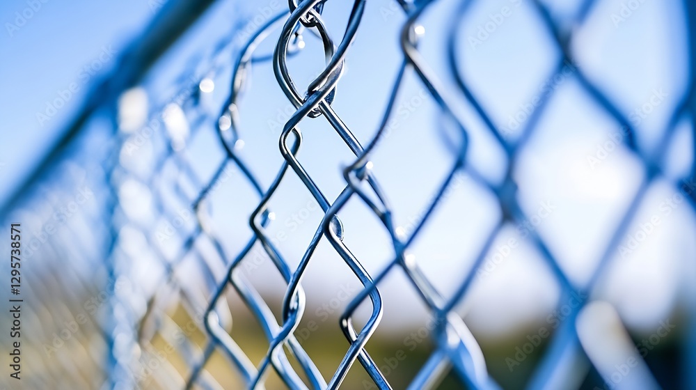 Poster closeup view of a chain link fence showcasing its shiny metal texture and blue sky background : gene