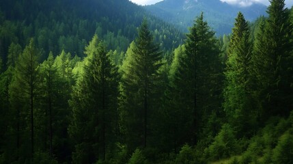 Obraz premium Dense green forest filled with towering pine trees and sunlight filtering through the branches : Generative AI