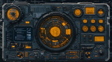 Fototapeta premium Futuristic control panel with glowing orange displays and intricate buttons in a sci-fi setting