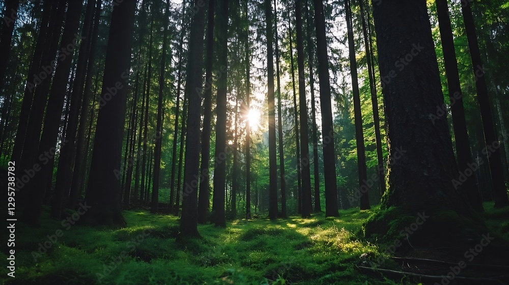 Poster Breathtaking Forest Landscape with Sunlight Streaming Through Tall Trees Creating a Mystical Environment : Generative AI