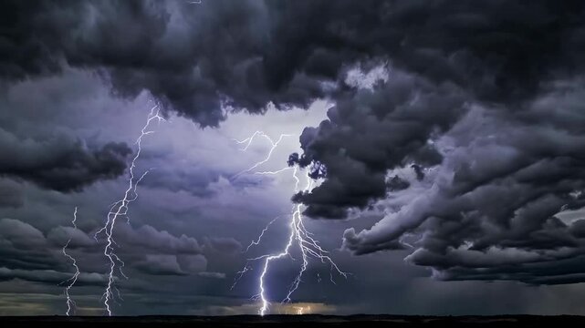 Dark clouds gather ominously as multiple lightning strikes illuminate the landscape below. The powerful energy of a summer thunderstorm is evident in the turbulent sky.