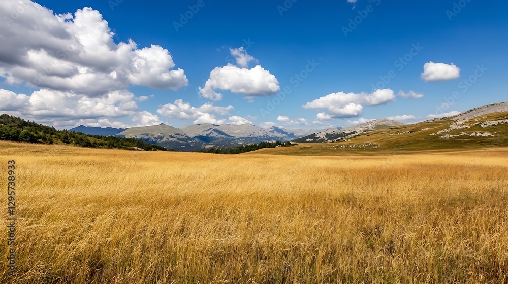 Poster beautiful panoramic view of golden grass field under a bright blue sky with fluffy clouds : generati